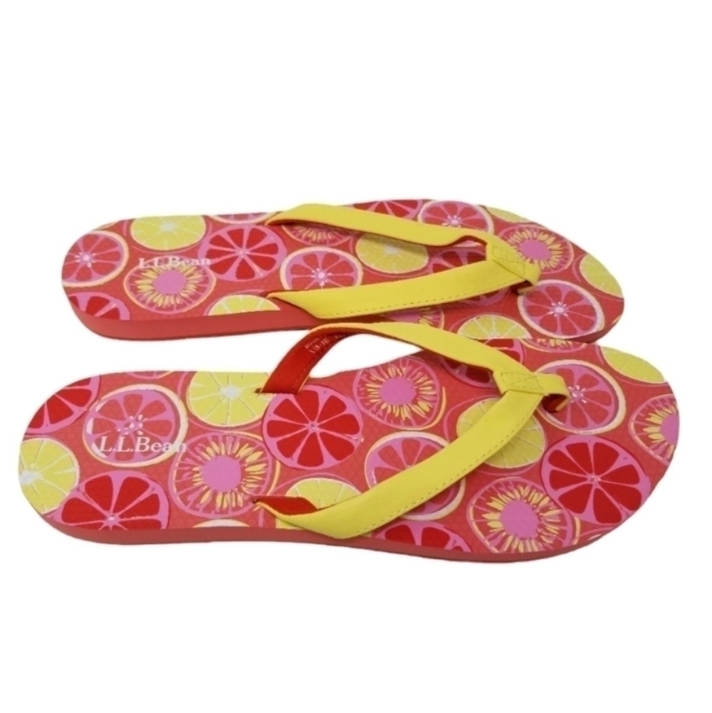 LL Bean Womens Flip Flops Sandals Sz L 9-10 Thong Citrus Fruit Print Pink Yellow